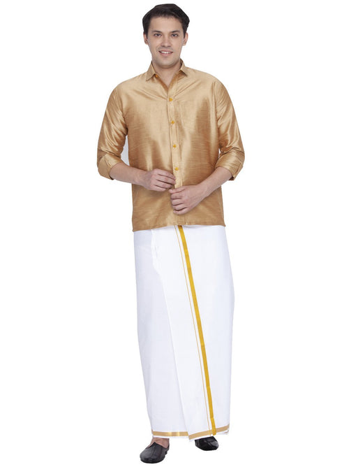 Vastramay Men's Gold Cotton Silk Blend Shirt and Dhoti Set